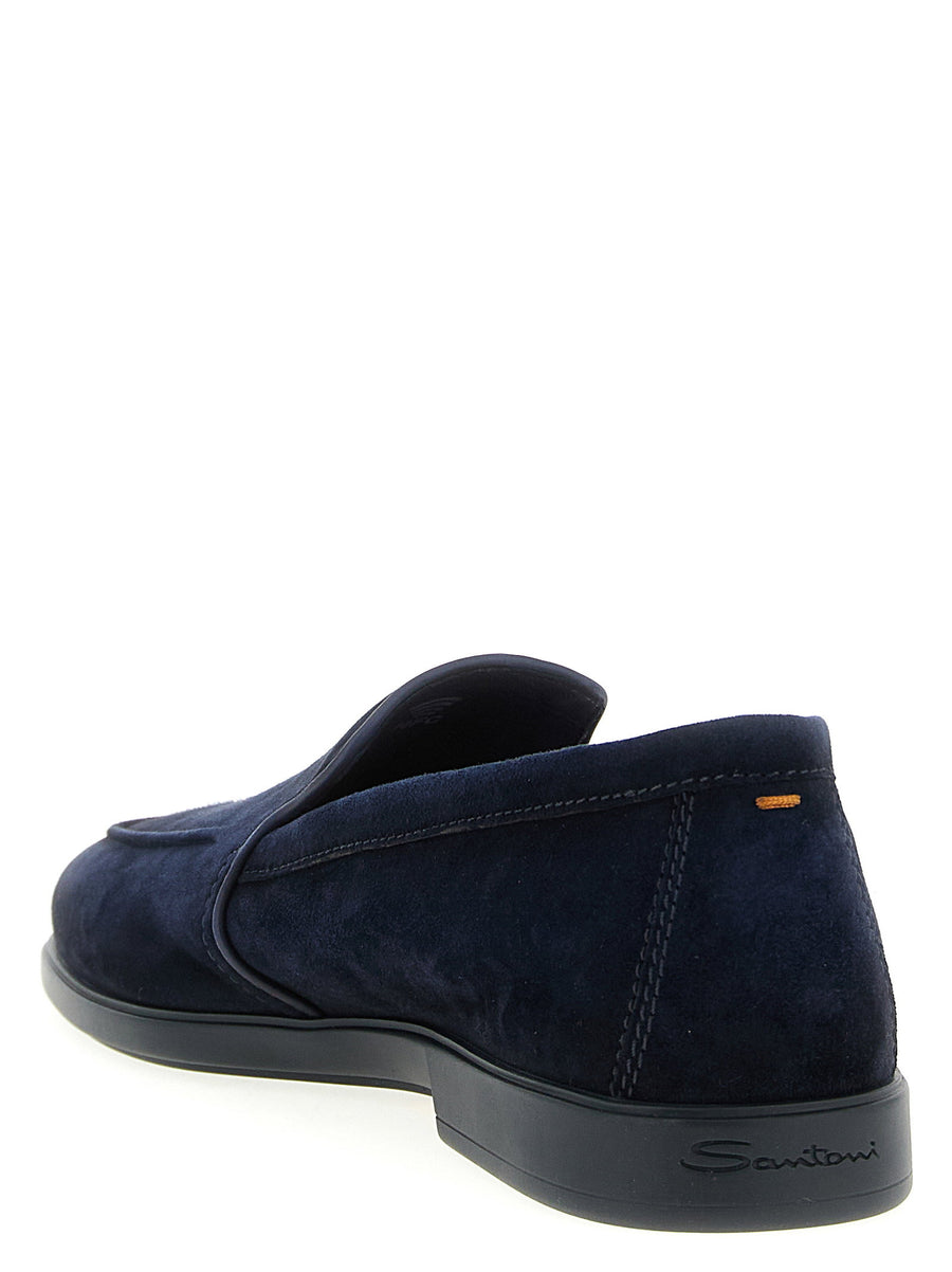 Santoni Malibù Loafers Blue Suede Moccasins With Leather Inserts Hand Stitch Leather Sole For Men Luxury