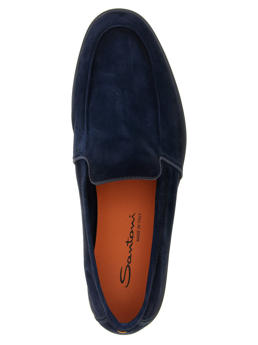 Santoni Malibù Loafers Blue Suede Moccasins With Leather Inserts Hand Stitch Leather Sole For Men Luxury