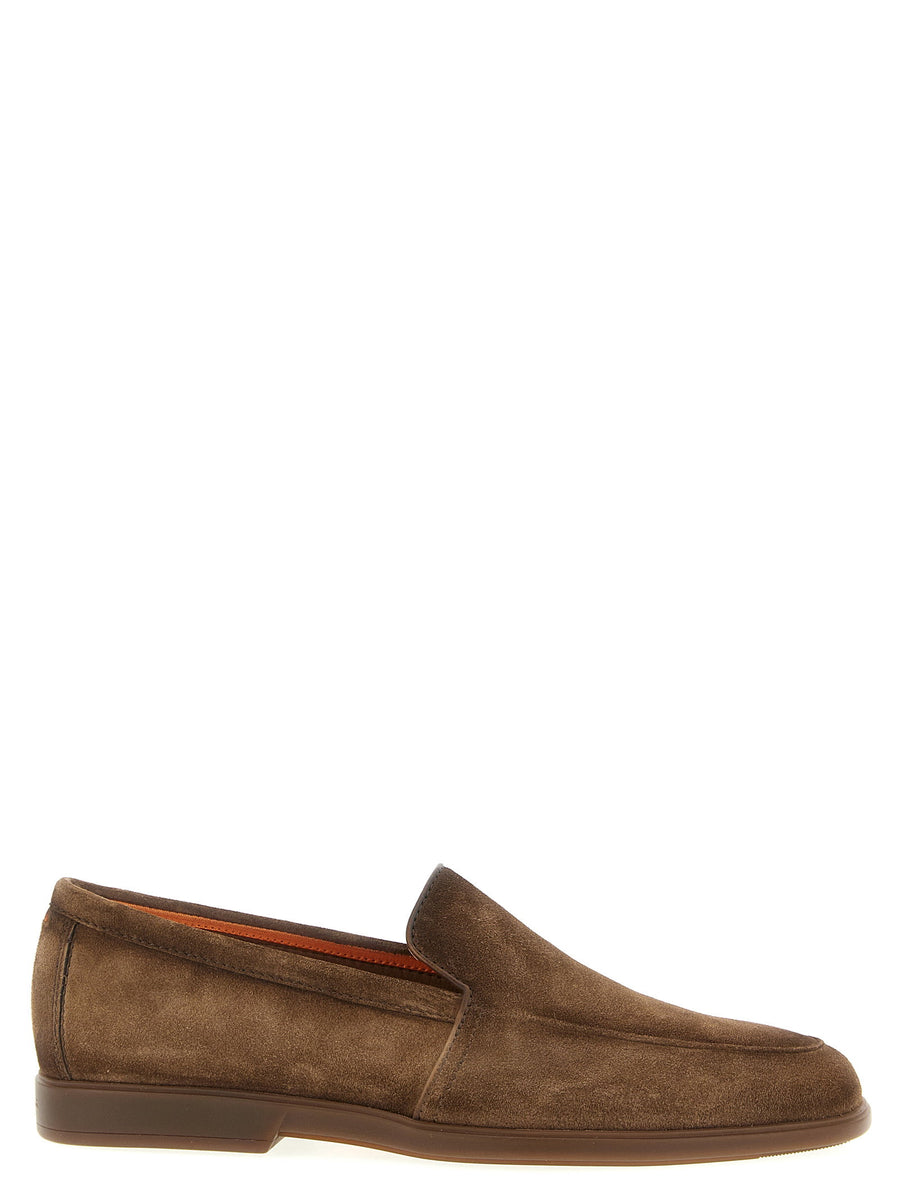 Santoni Malibu Loafers Premium Suede Moccasins With Leather Piping And Leather Sole For Men