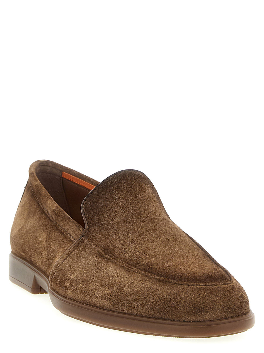 Santoni Malibu Loafers Premium Suede Moccasins With Leather Piping And Leather Sole For Men