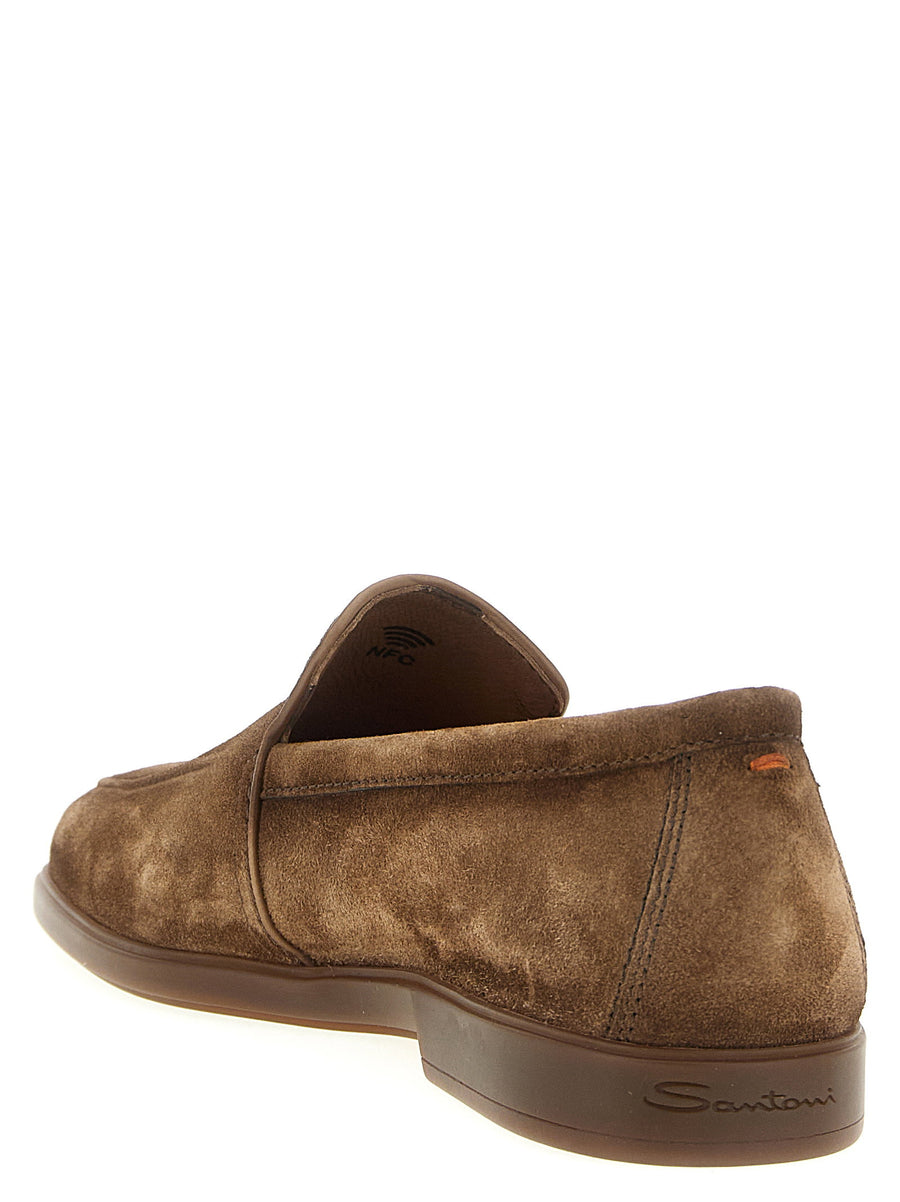 Santoni Malibu Loafers Premium Suede Moccasins With Leather Piping And Leather Sole For Men