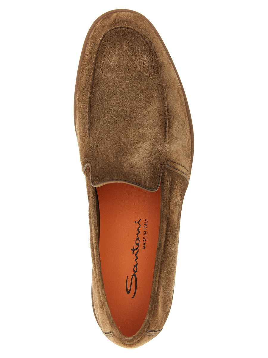 Santoni Malibu Loafers Premium Suede Moccasins With Leather Piping And Leather Sole For Men