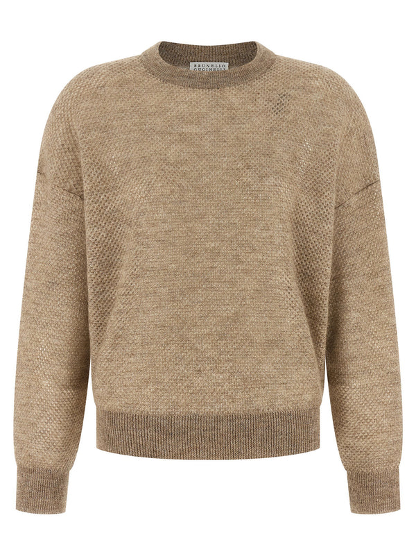 Brunello Cucinelli Waffle Knit Mohair Wool Sweater Luxurious Lame Perforated Texture For Women Comfort Fit