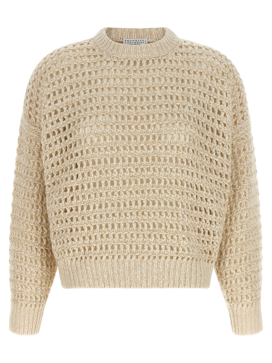 Brunello Cucinelli Dazzling Braids Mesh Sweater Beige Lambswool Cashmere Mohair