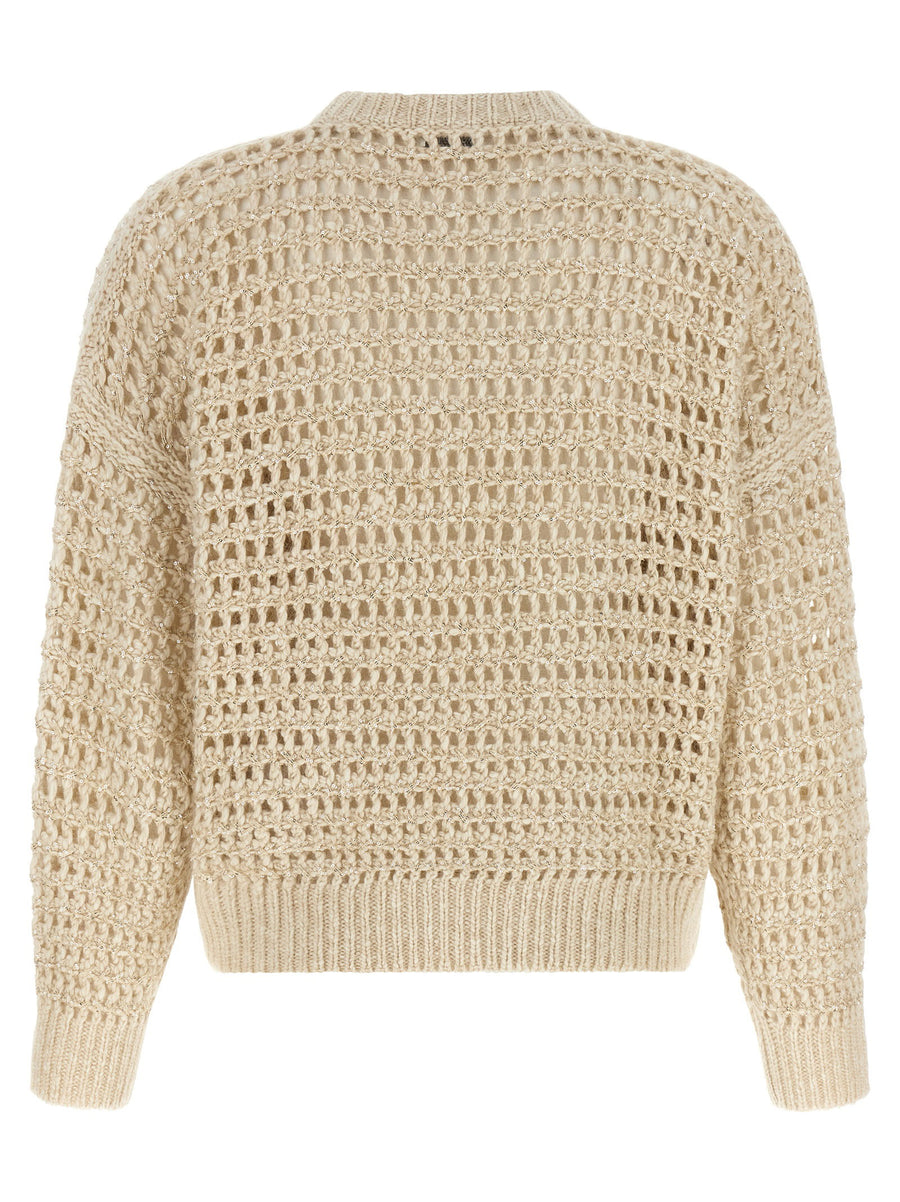 Brunello Cucinelli Dazzling Braids Mesh Sweater Beige Lambswool Cashmere Mohair