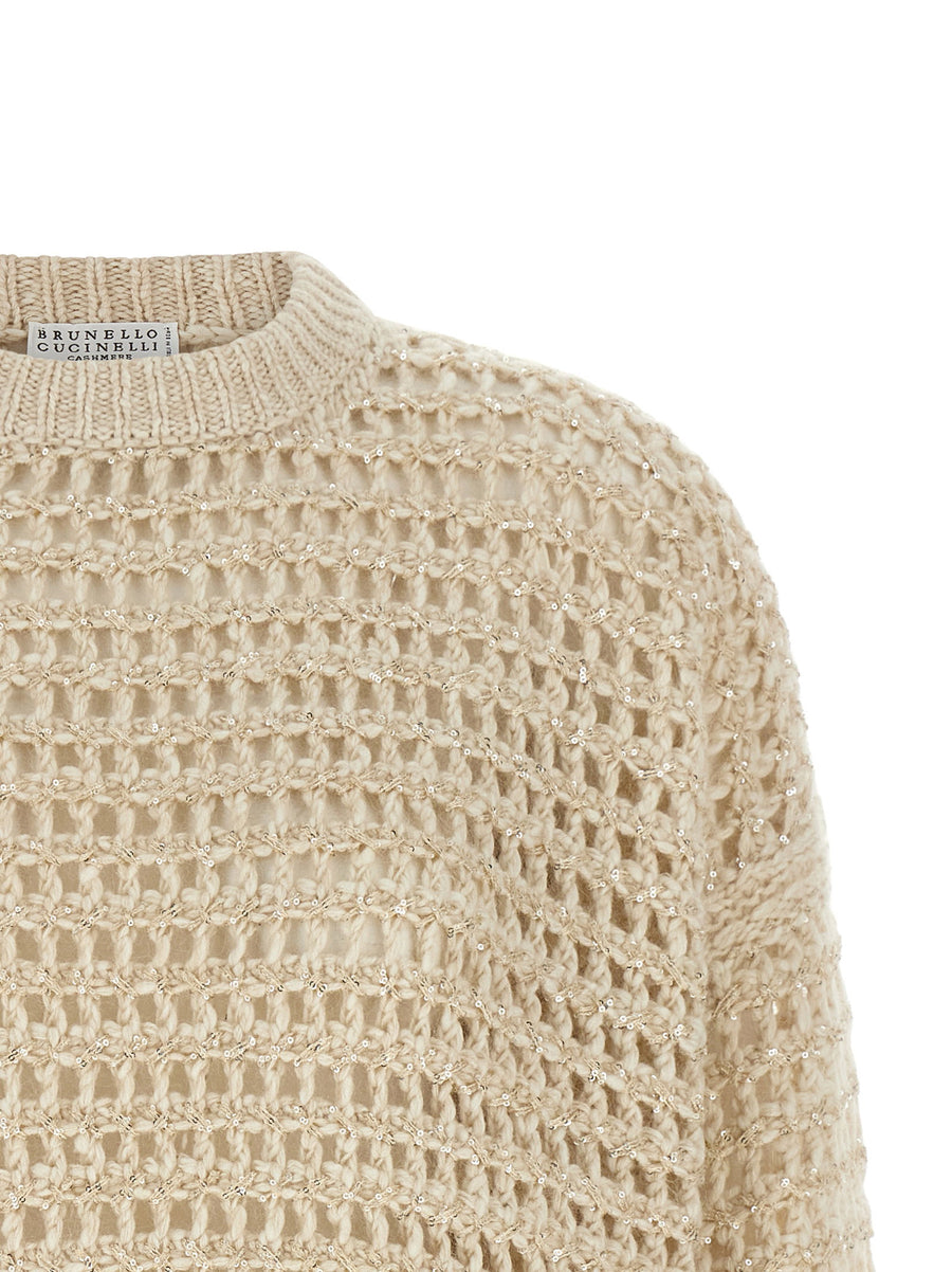 Brunello Cucinelli Dazzling Braids Mesh Sweater Beige Lambswool Cashmere Mohair