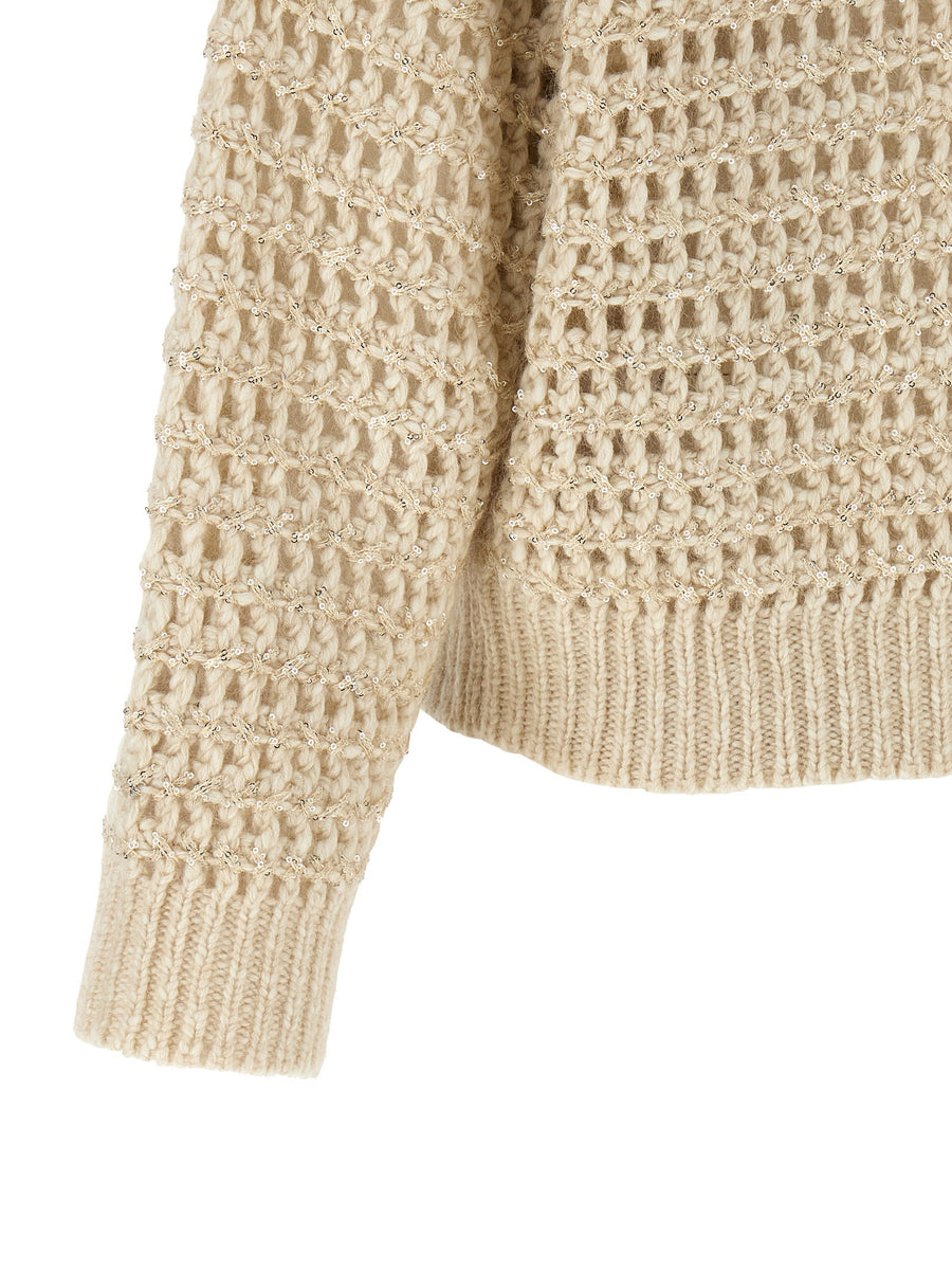 Brunello Cucinelli Dazzling Braids Mesh Sweater Beige Lambswool Cashmere Mohair