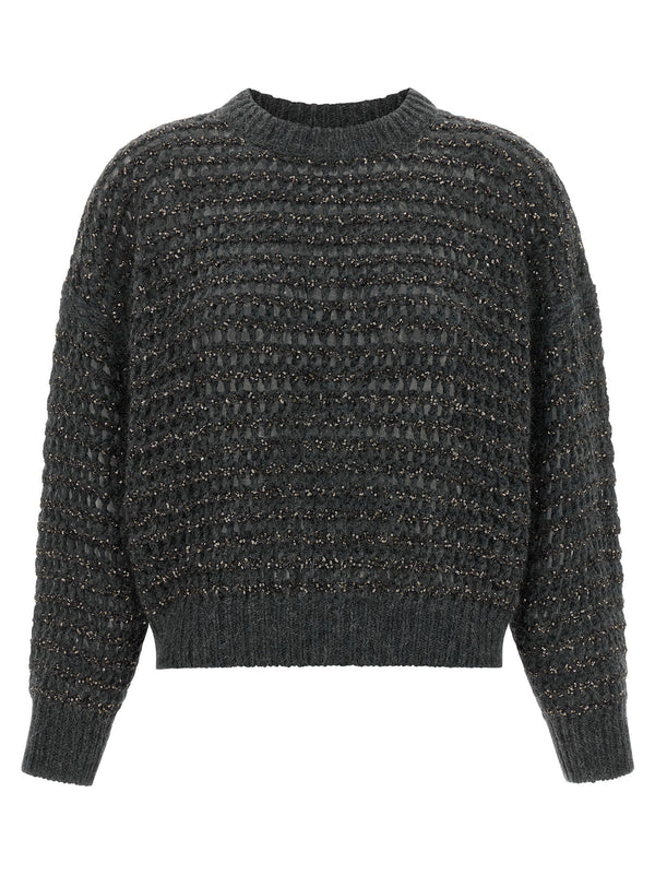 Brunello Cucinelli Gray Dazzling Braids Sweater Wool Cashmere Blend
