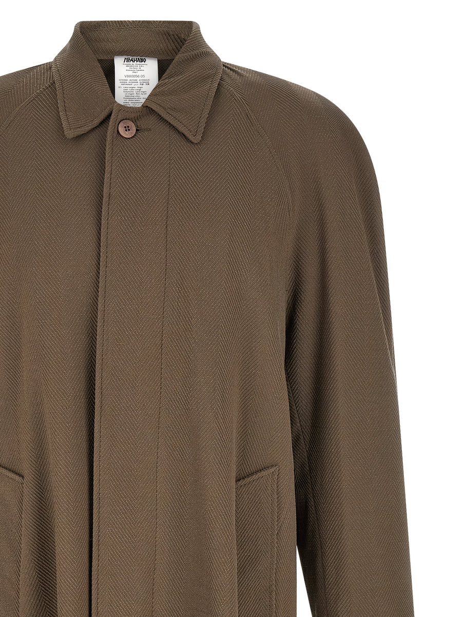 Magliano Caligo Coat for Men Beige Wool Blend with Embossed Herringbone Texture Polished Luxury Outerwear
