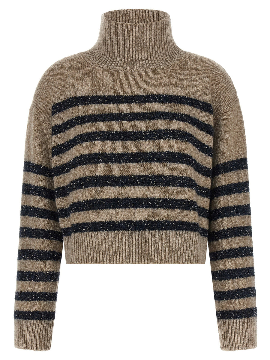 Brunello Cucinelli Dazzling Stripes Wool Cashmere Sweater With Luxurious Micro Sequin Detail For Women