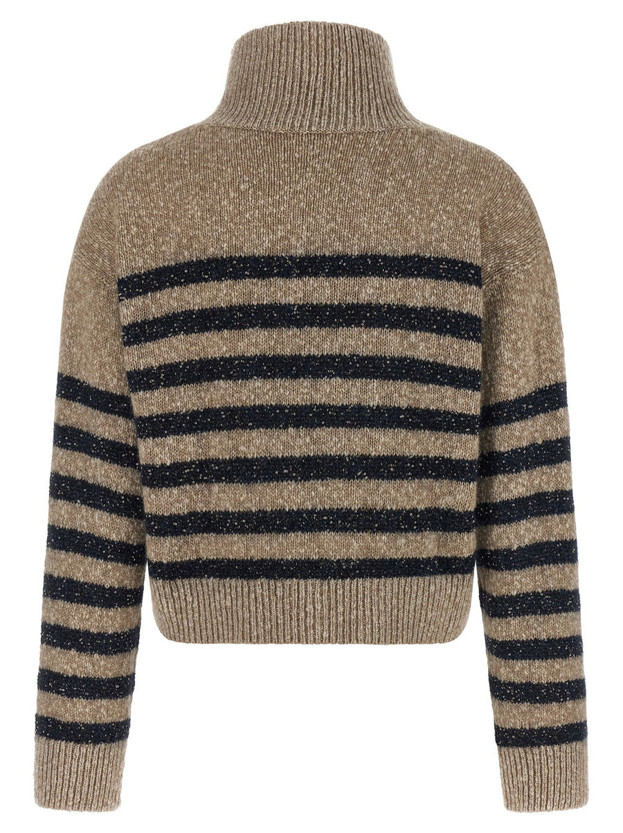 Brunello Cucinelli Dazzling Stripes Wool Cashmere Sweater With Luxurious Micro Sequin Detail For Women
