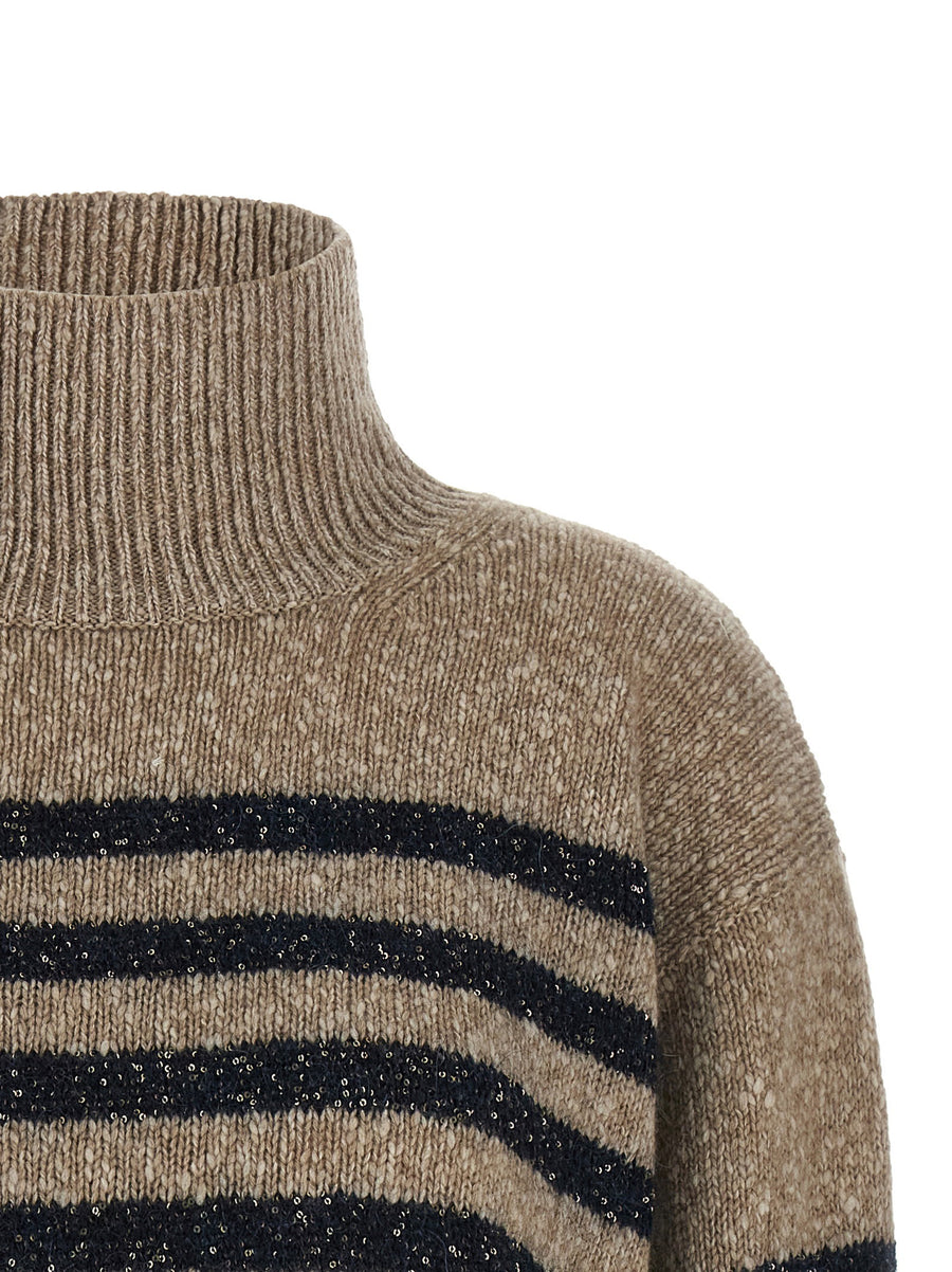 Brunello Cucinelli Dazzling Stripes Wool Cashmere Sweater With Luxurious Micro Sequin Detail For Women