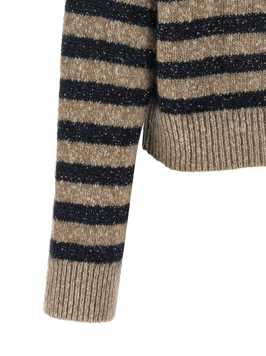 Brunello Cucinelli Dazzling Stripes Wool Cashmere Sweater With Luxurious Micro Sequin Detail For Women