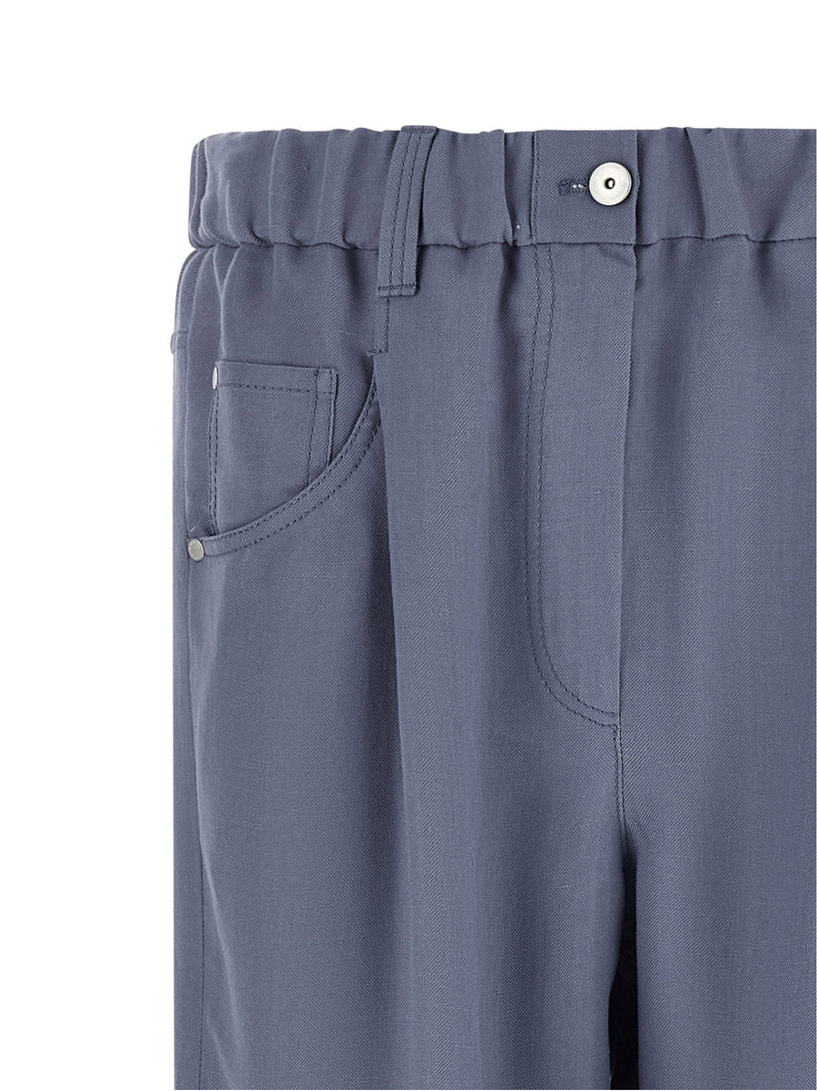 Brunello Cucinelli Baggy Pants For Women Luxury Blue Viscose Linen Trousers With Relaxed Silhouette