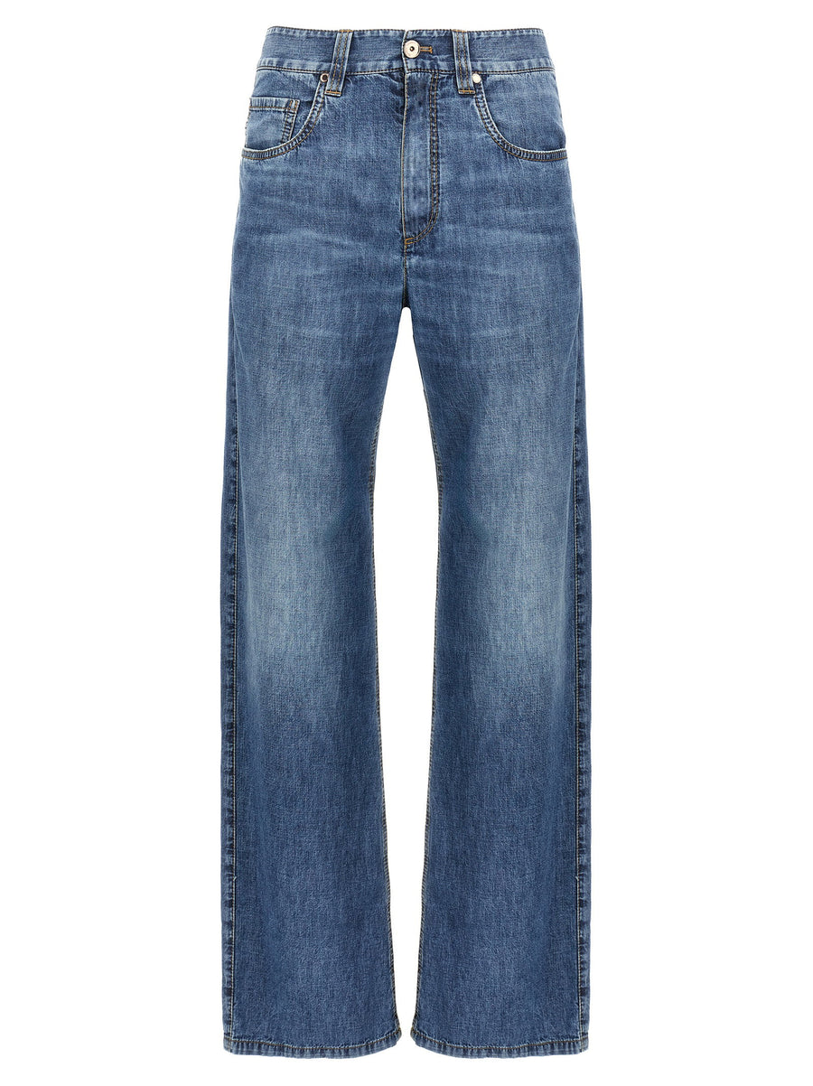 Brunello Cucinelli Straight Jeans For Women With Monile Detail In Delavé Blue 100 Percent Cotton Luxury Denim
