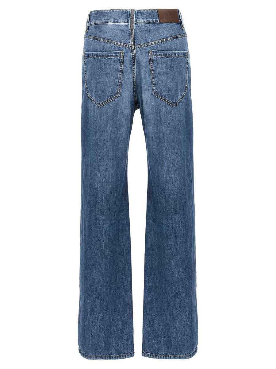 Brunello Cucinelli Straight Jeans For Women With Monile Detail In Delavé Blue 100 Percent Cotton Luxury Denim