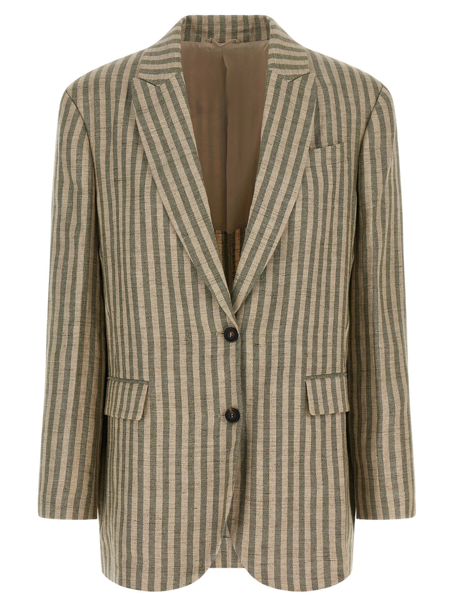 Brunello Cucinelli Striped Linen Blend Blazer Green Relaxed Fit