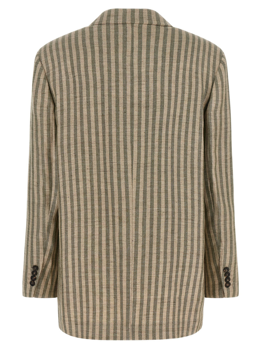 Brunello Cucinelli Striped Linen Blend Blazer Green Relaxed Fit