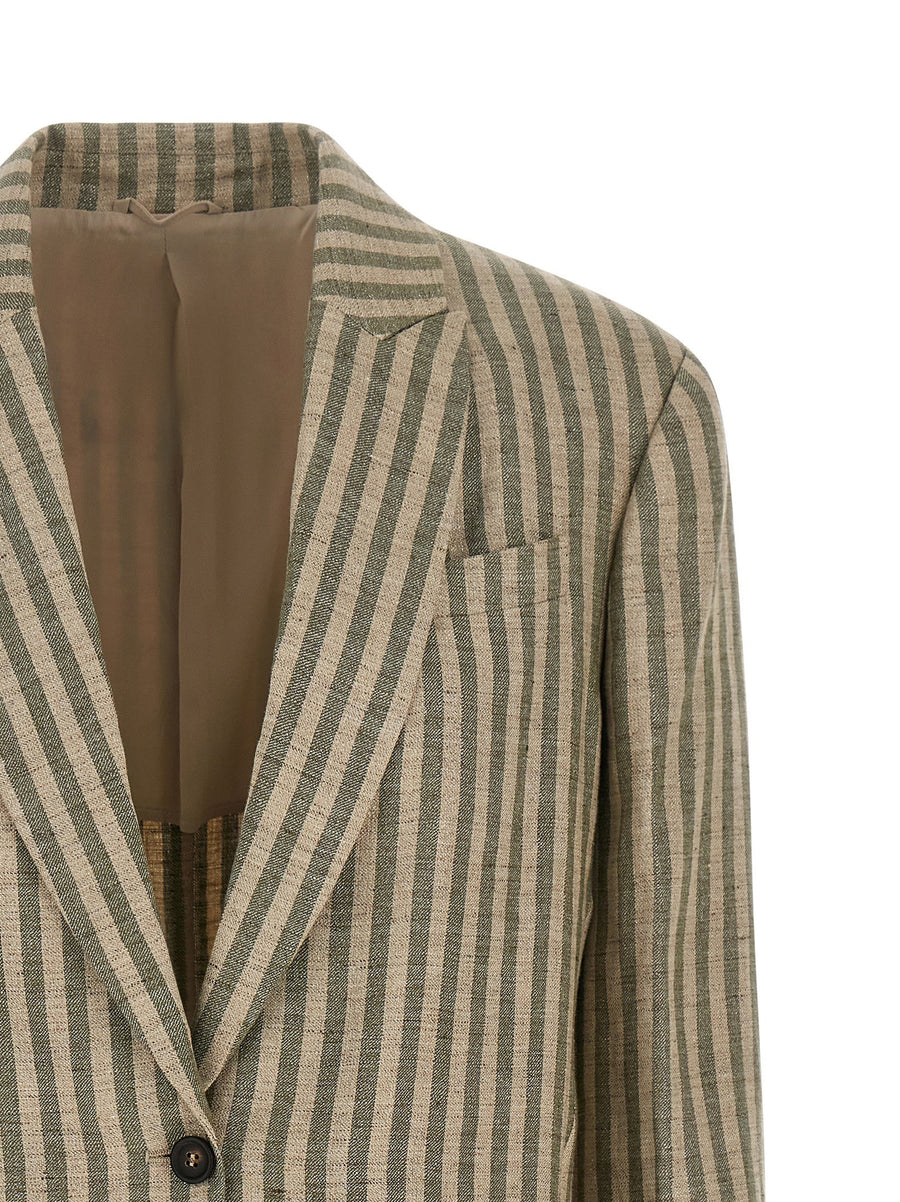 Brunello Cucinelli Striped Linen Blend Blazer Green Relaxed Fit