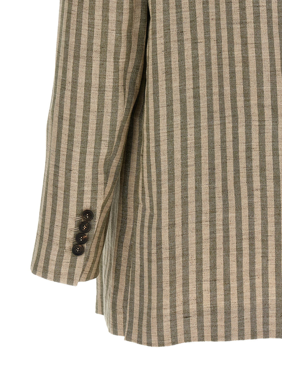 Brunello Cucinelli Striped Linen Blend Blazer Green Relaxed Fit