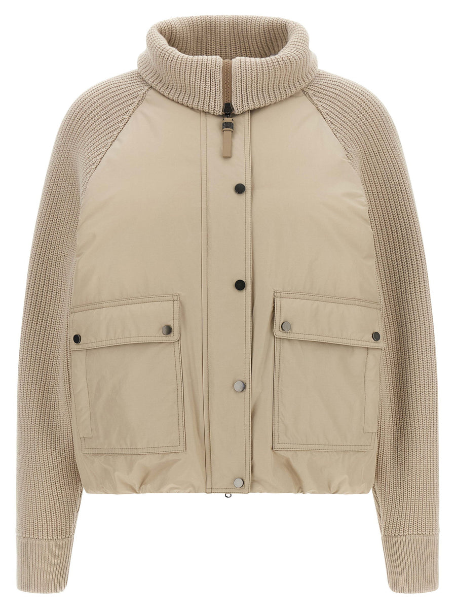 Brunello Cucinelli Beige Knit Insert Down Jacket Cotton Canvas Hybrid