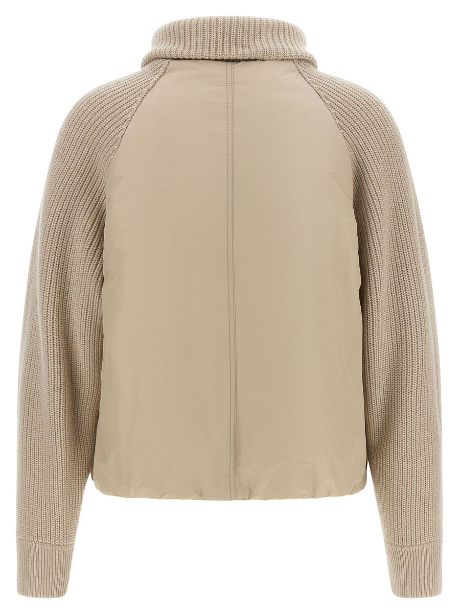 Brunello Cucinelli Beige Knit Insert Down Jacket Cotton Canvas Hybrid