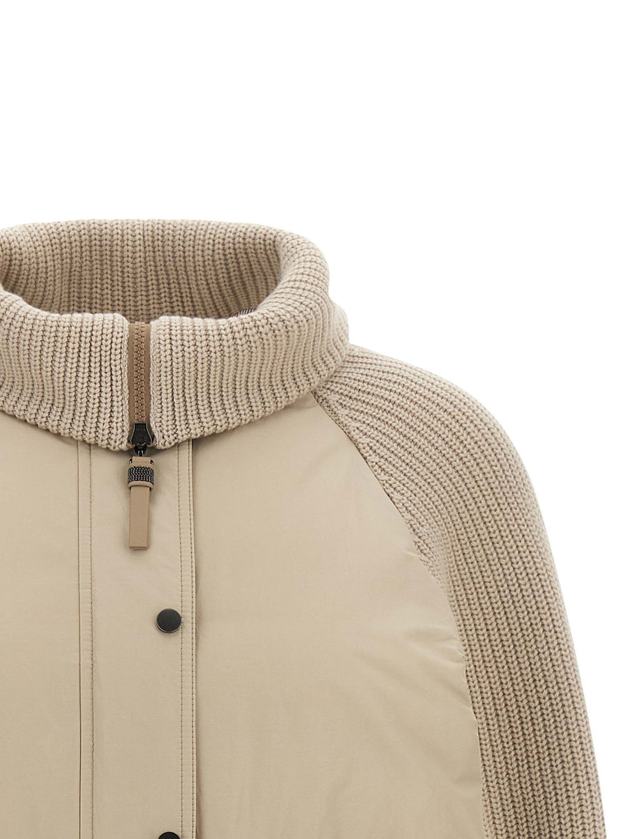 Brunello Cucinelli Beige Knit Insert Down Jacket Cotton Canvas Hybrid