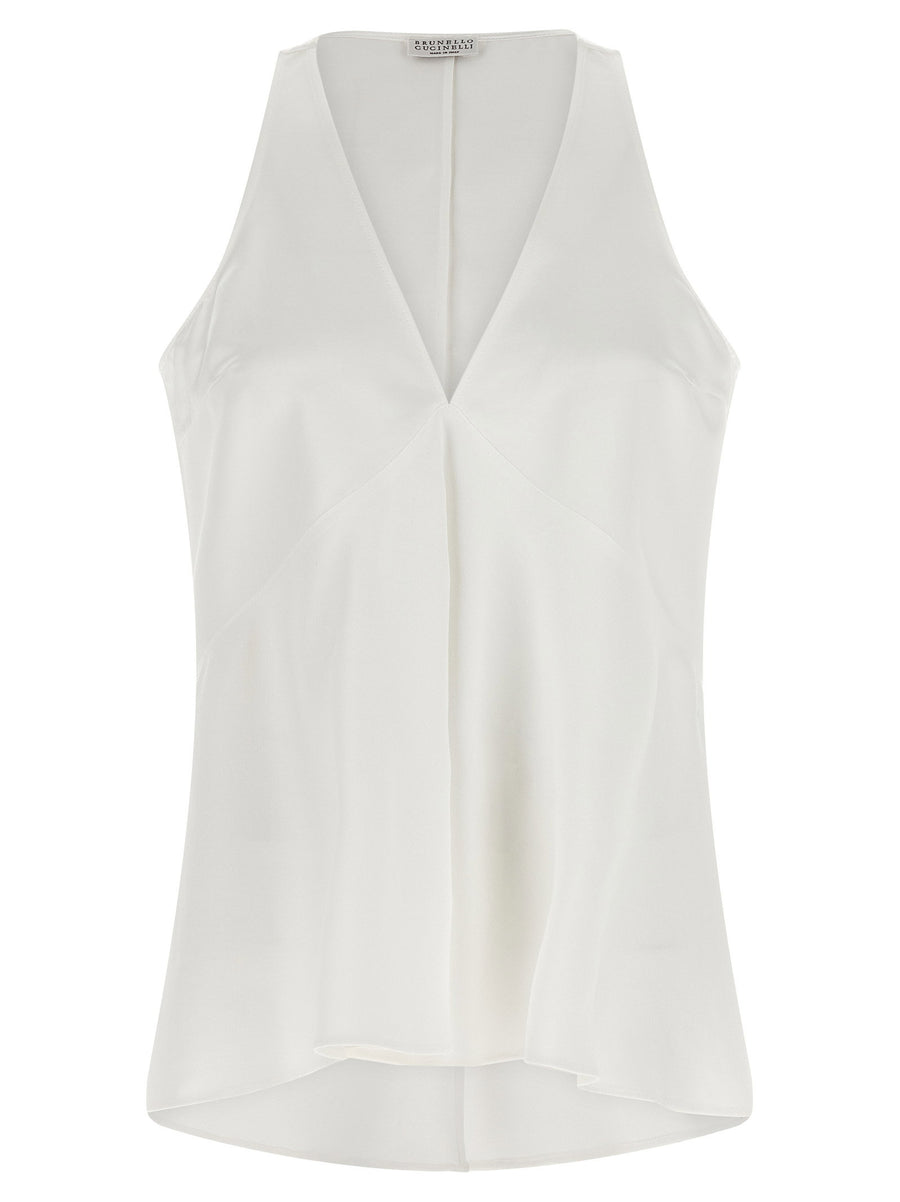 Brunello Cucinelli White Cotton Silk Top With Fluid Twill Draped Silhouette
