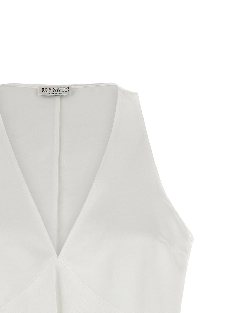 Brunello Cucinelli White Cotton Silk Top With Fluid Twill Draped Silhouette