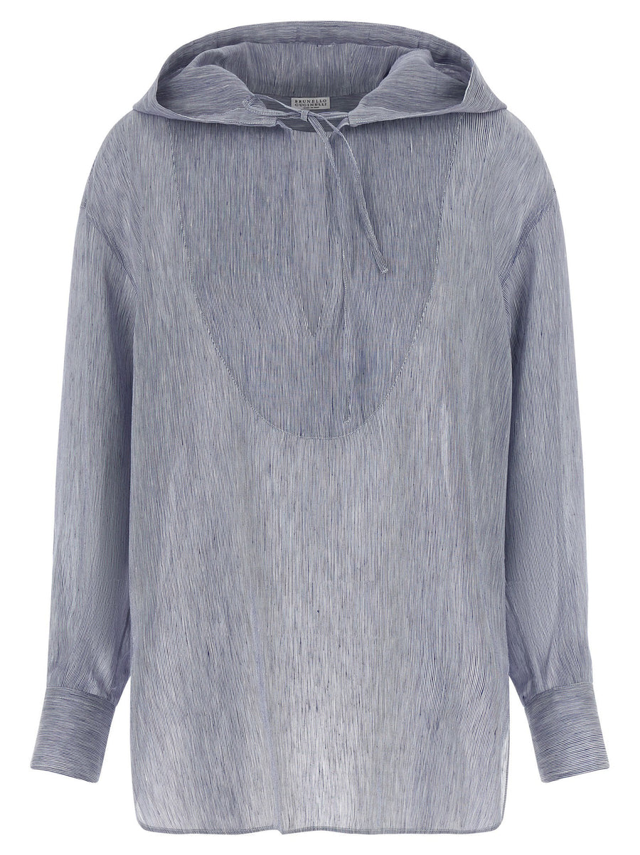 Brunello Cucinelli Hooded Shirt Linen Silk Light Blue Micro Striped