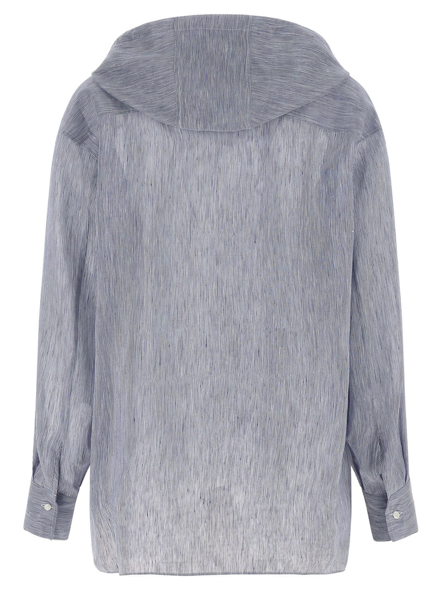 Brunello Cucinelli Hooded Shirt Linen Silk Light Blue Micro Striped
