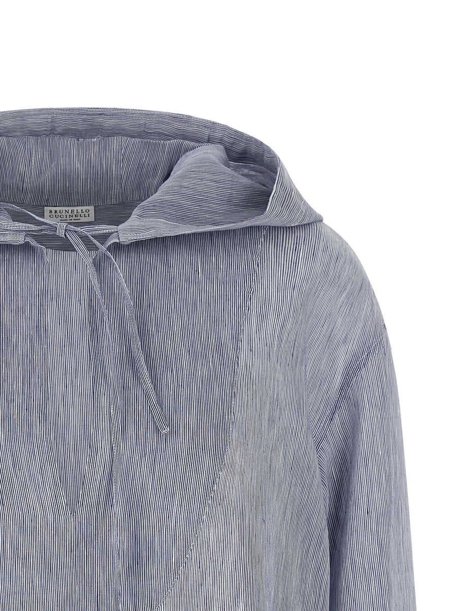 Brunello Cucinelli Hooded Shirt Linen Silk Light Blue Micro Striped