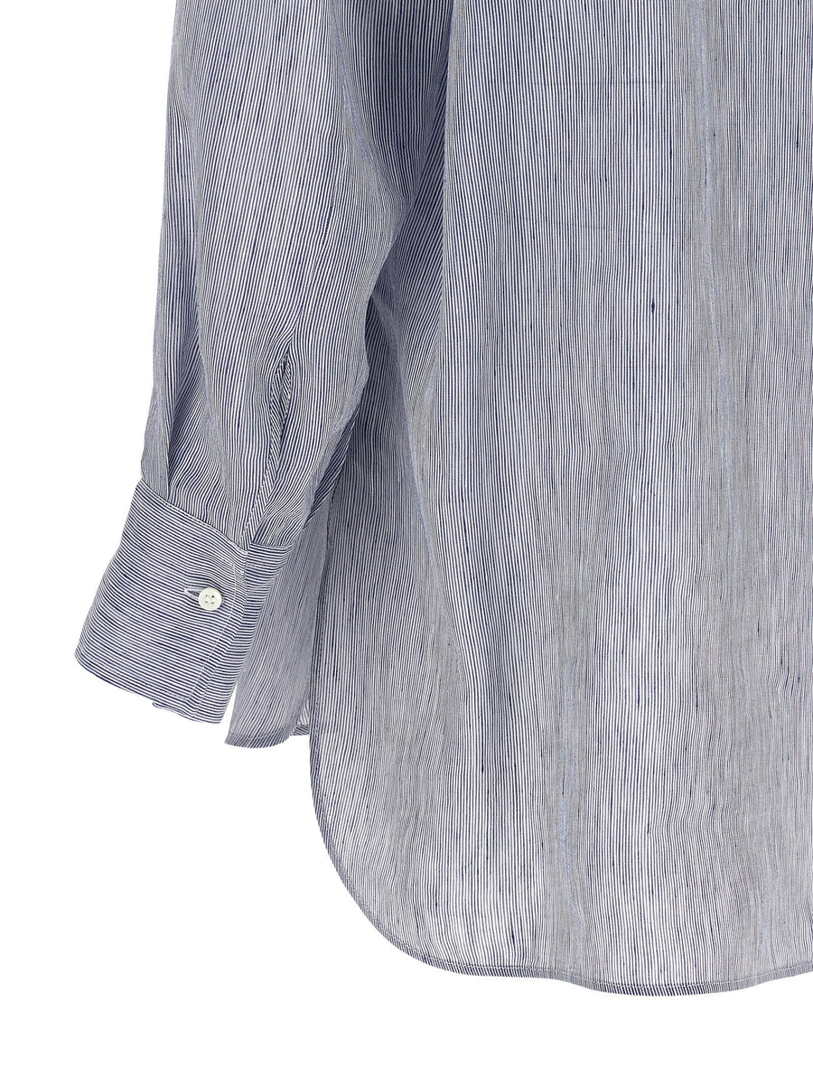 Brunello Cucinelli Hooded Shirt Linen Silk Light Blue Micro Striped