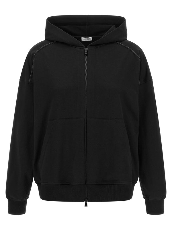 Brunello Cucinelli Shiny Trims Hoodie For Women Black Lightweight Cotton Luxury Everyday Wear