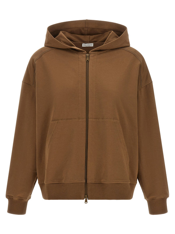 Brunello Cucinelli Womens Shiny Trims Hoodie Lightweight Stretch Cotton Front Zip Pockets