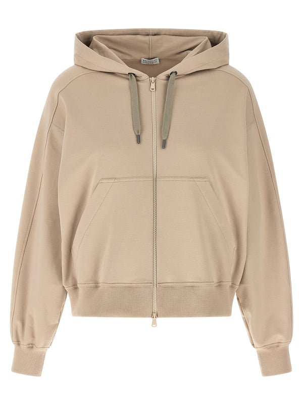 Brunello Cucinelli Solomei Hoodie For Women Lightweight Stretch Cotton Zip Front Back Print Luxury Layering