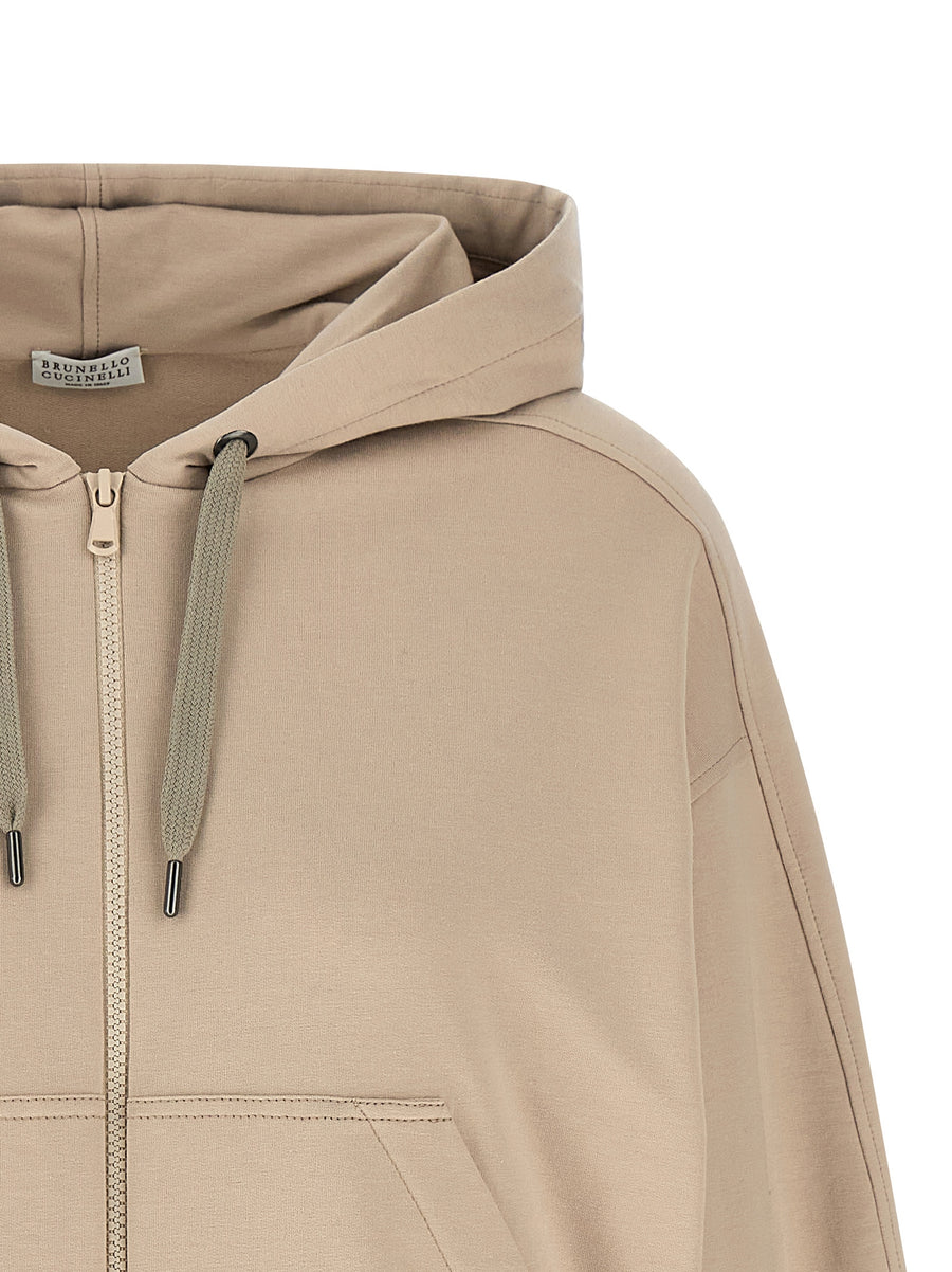 Brunello Cucinelli Solomei Hoodie For Women Lightweight Stretch Cotton Zip Front Back Print Luxury Layering