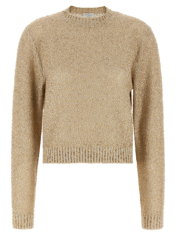 Brunello Cucinelli Micro Sequin Sweater Gold Luxury Knit Top for Women Linen Cashmere Silk Blend Crew Neck
