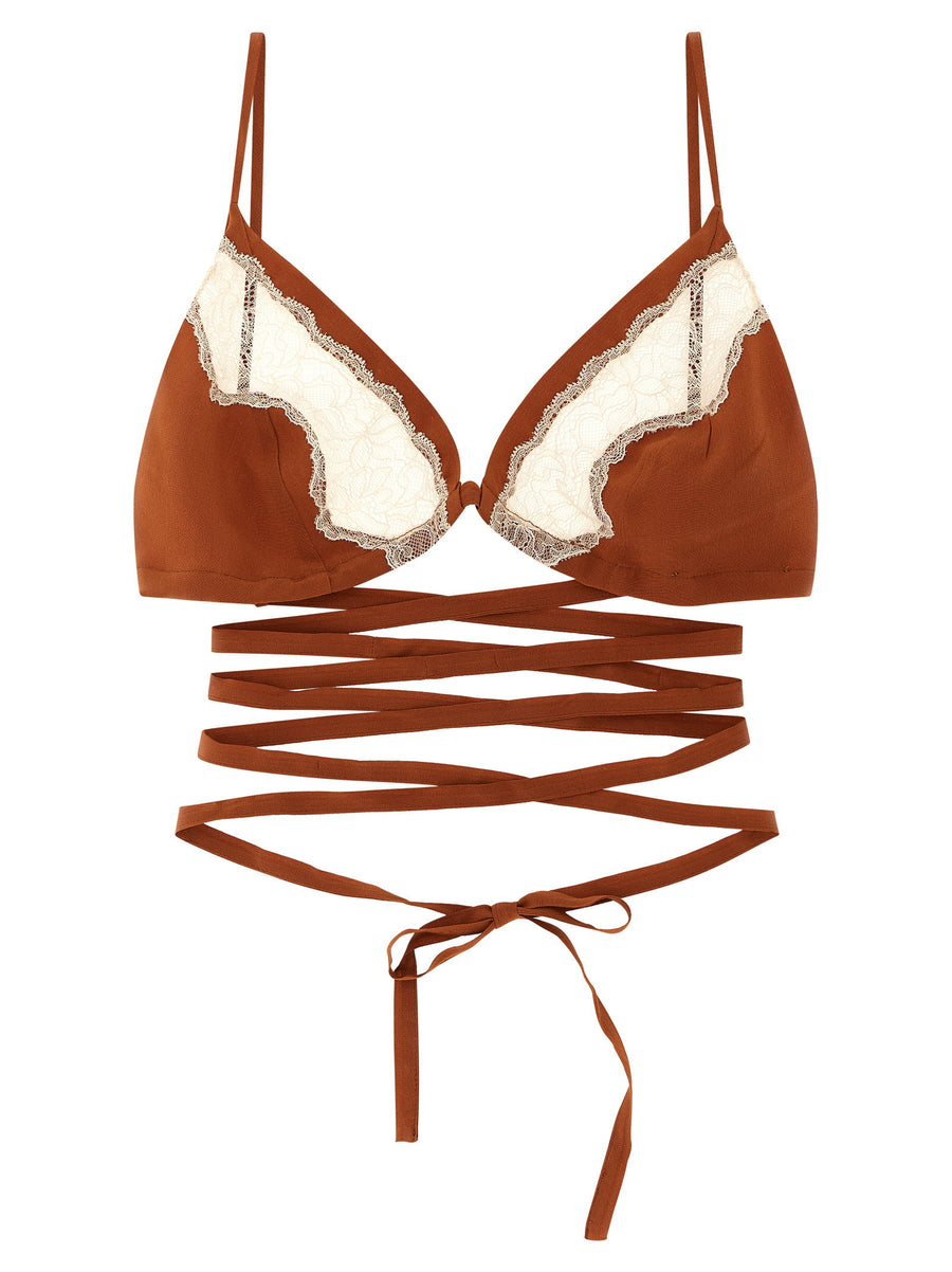 Maison Jejia Anna Silk Triangle Bra Brown Lace Insert Adjustable Strap