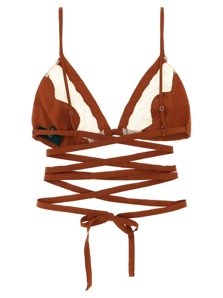 Maison Jejia Anna Silk Triangle Bra Brown Lace Insert Adjustable Strap
