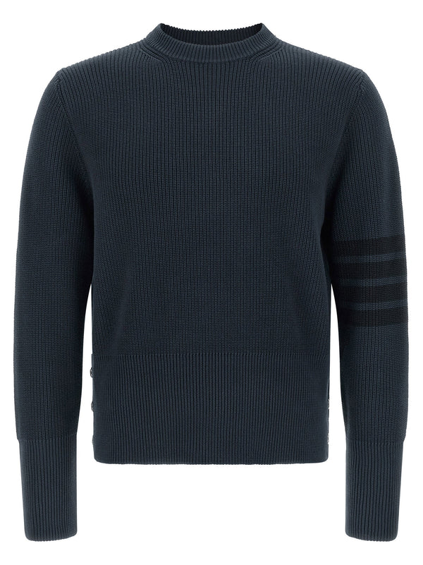 Thom Browne 4bar Crew Neck Cotton Sweater For Men Blue Luxury Knit Top With 4bar Detailing