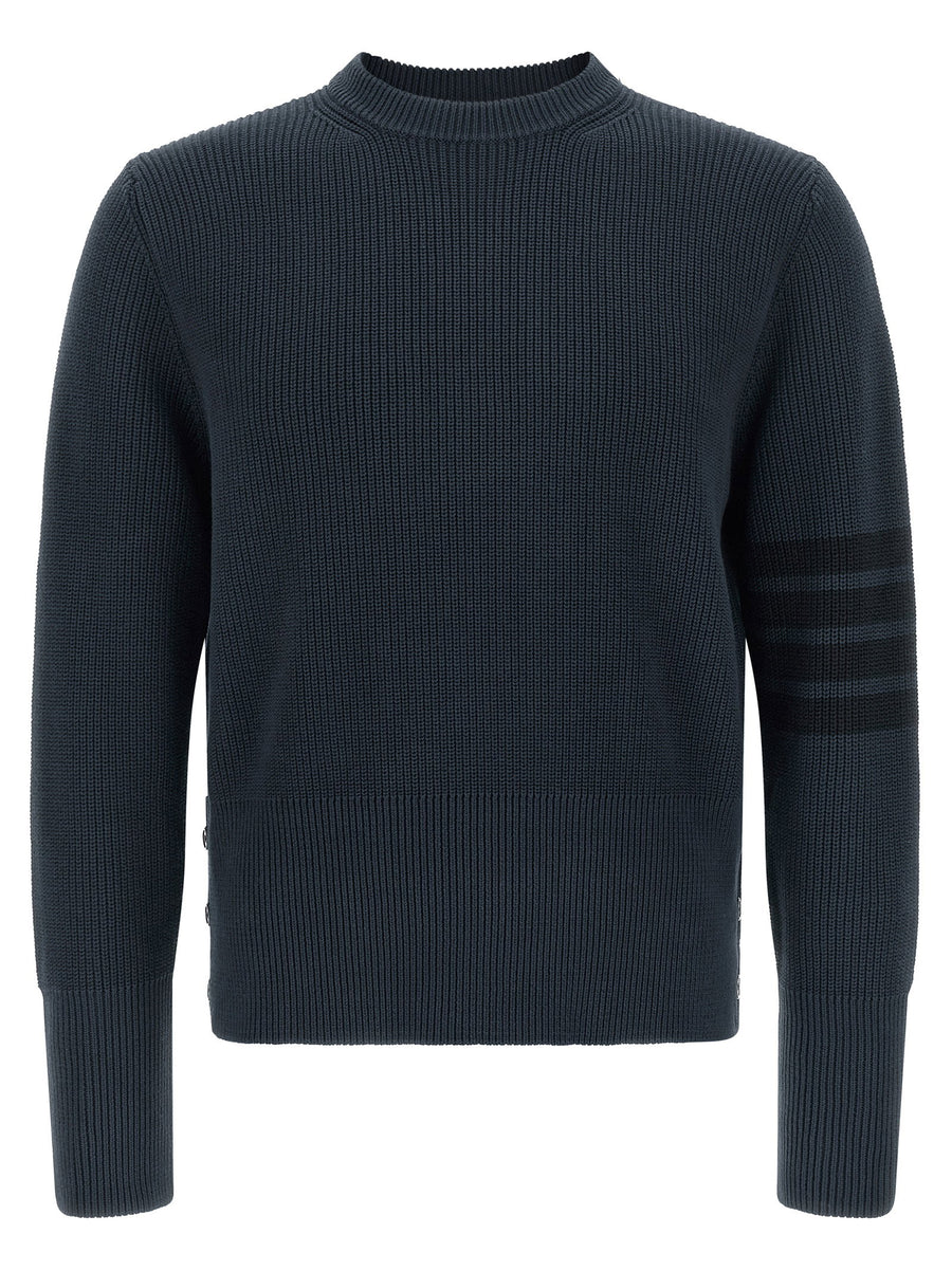 Thom Browne 4bar Crew Neck Cotton Sweater For Men Blue Luxury Knit Top With 4bar Detailing