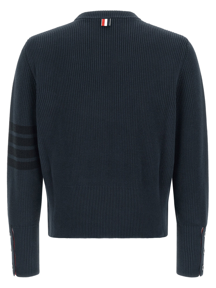 Thom Browne 4bar Crew Neck Cotton Sweater For Men Blue Luxury Knit Top With 4bar Detailing