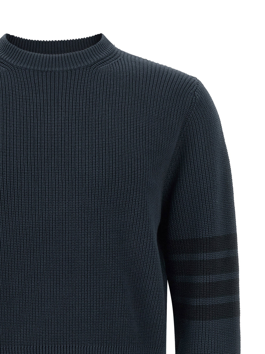 Thom Browne 4bar Crew Neck Cotton Sweater For Men Blue Luxury Knit Top With 4bar Detailing
