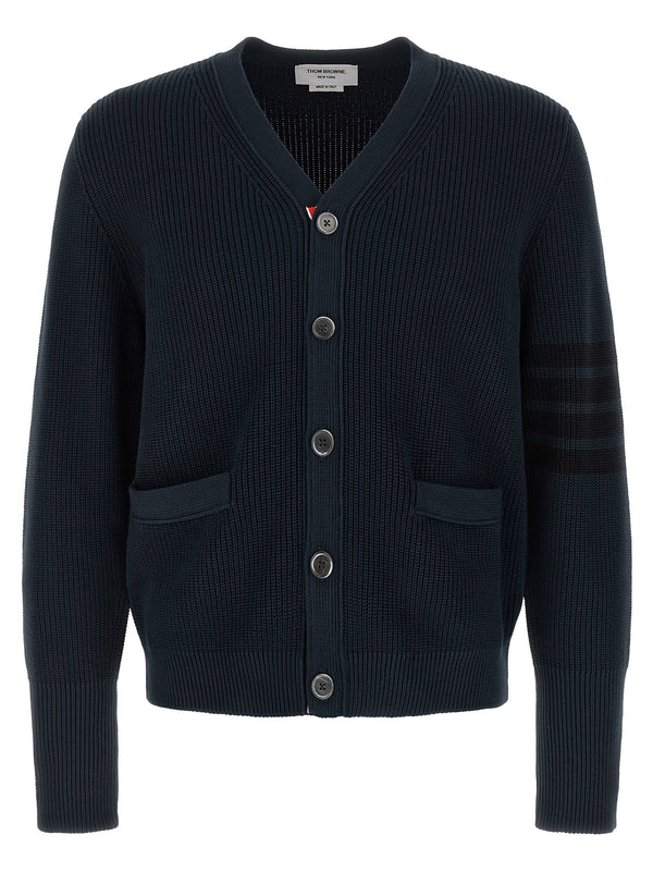 Thom Browne Garment Dye Cardigan For Men Blue 100 Percent Cotton Knit With Four Bar Stripe