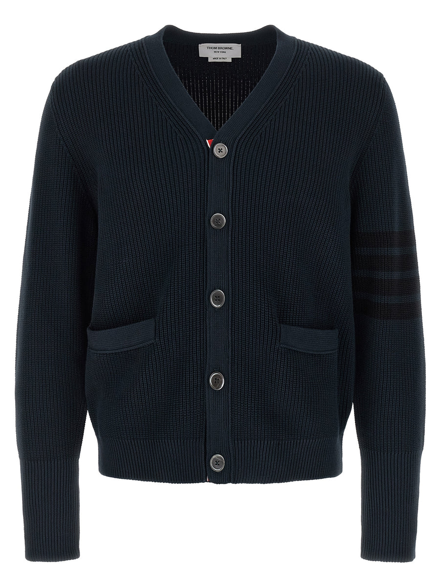 Thom Browne Garment Dye Cardigan For Men Blue 100 Percent Cotton Knit With Four Bar Stripe