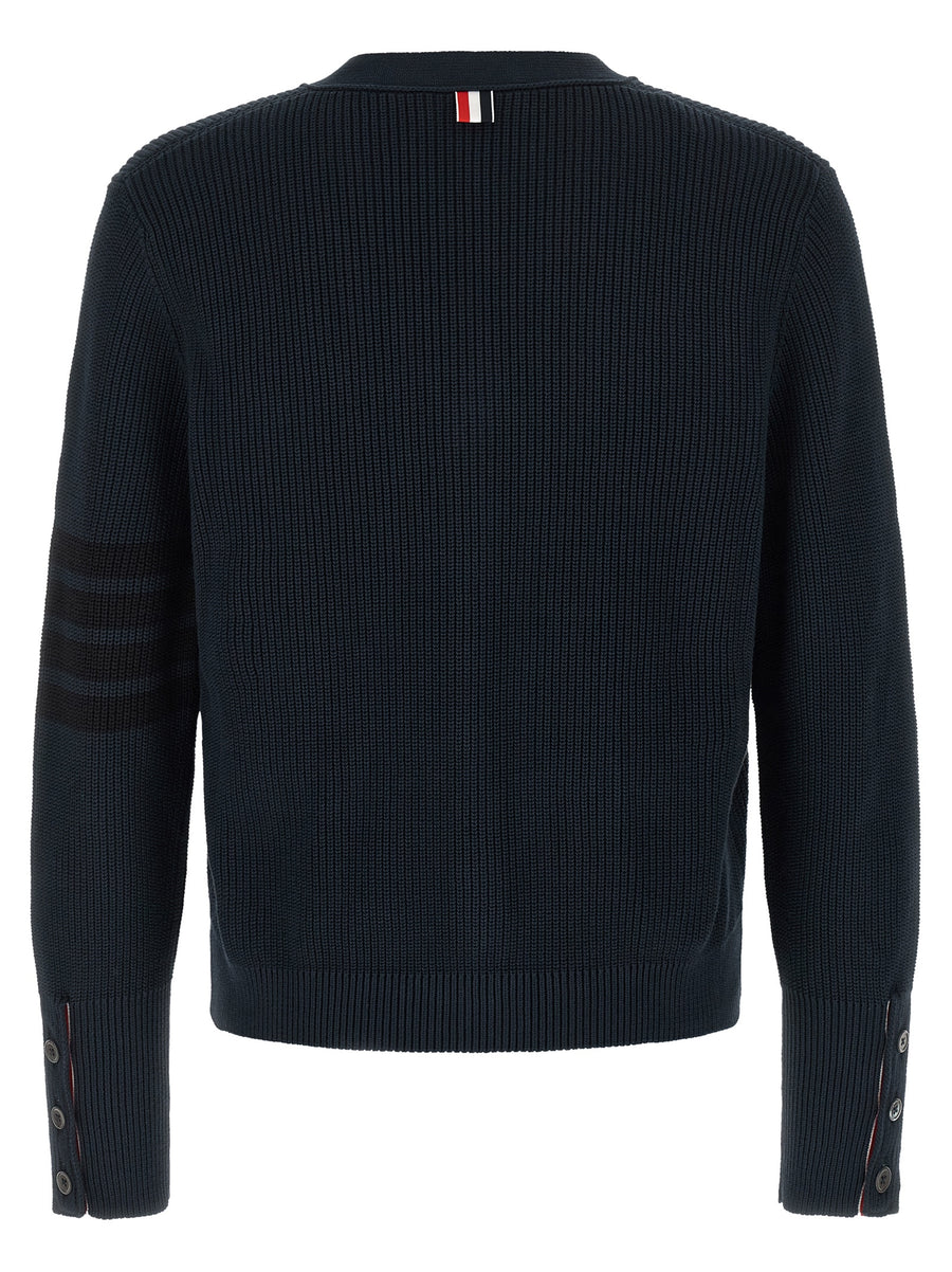 Thom Browne Garment Dye Cardigan For Men Blue 100 Percent Cotton Knit With Four Bar Stripe