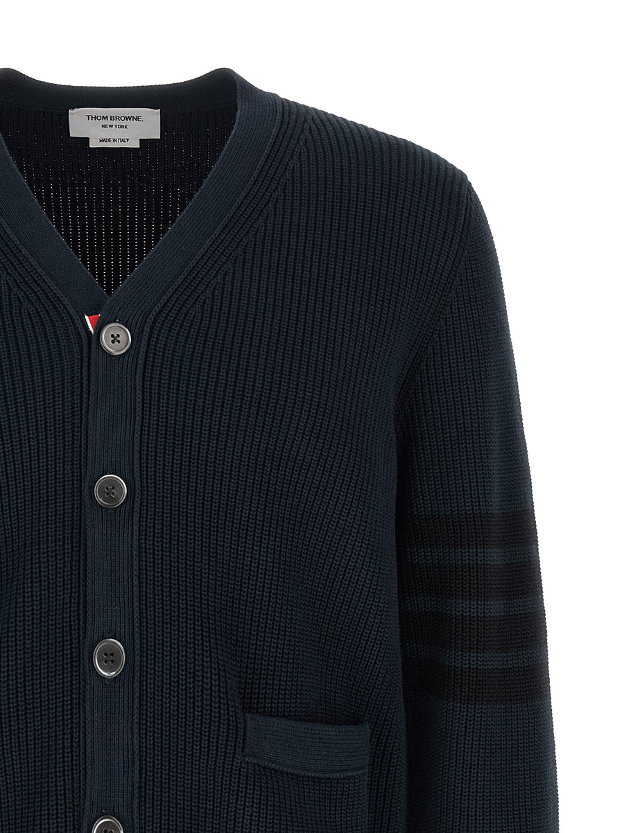 Thom Browne Garment Dye Cardigan For Men Blue 100 Percent Cotton Knit With Four Bar Stripe