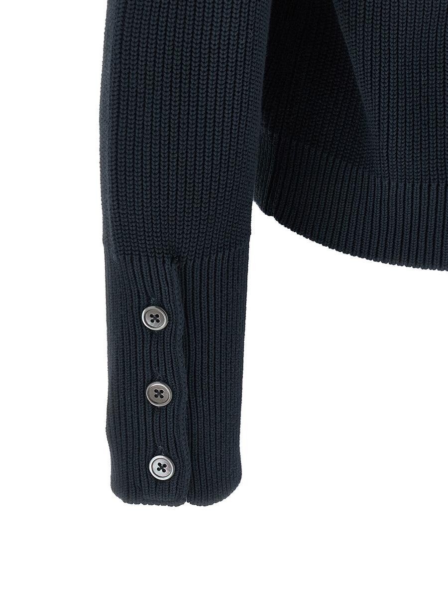 Thom Browne Garment Dye Cardigan For Men Blue 100 Percent Cotton Knit With Four Bar Stripe