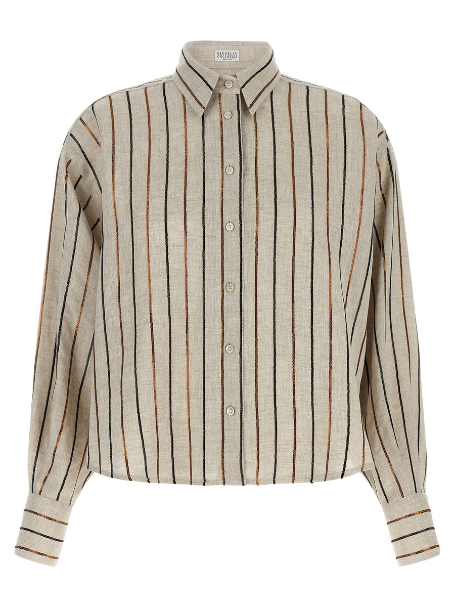 Brunello Cucinelli Beige Sparkling Stripes Linen Shirt For Women